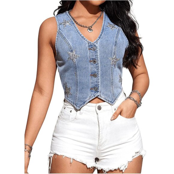 Women's Sleeveless Denim Vest Top Star Rhinestone Button Down Waistcoat Large